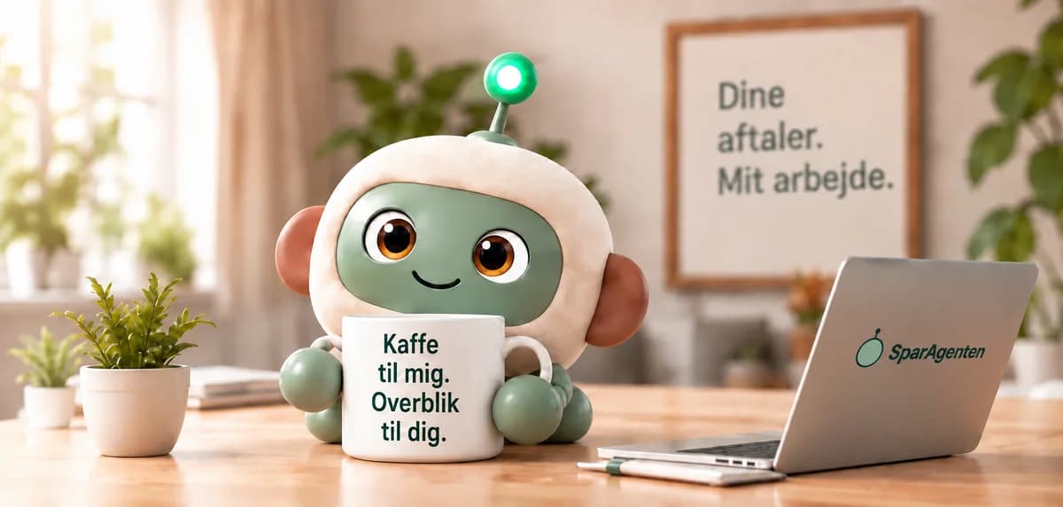 sparAgenten sidder ved et skrivebord med en kop, hvor der står "Kaffe til mig. Overblik til dig.", en bærbar med sparAgenten-logoet og en indrammet plakat med teksten "Dine aftaler. Mit arbejde."