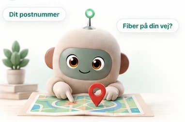 sparAgenten peger på et kort med en adressemarkør, omgivet af mærkaterne "Dit postnummer" og "Fiber på din vej?"