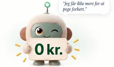 sparAgenten holder et skilt med 0 kr. og taleboblen "Jeg får ikke mere for at pege forkert."