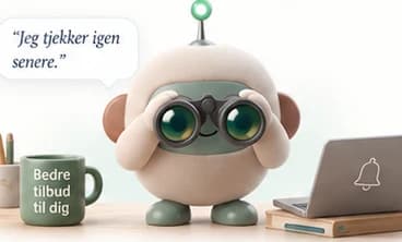 sparAgenten kigger i en kikkert ved et skrivebord, med taleboblen "Jeg tjekker igen senere."